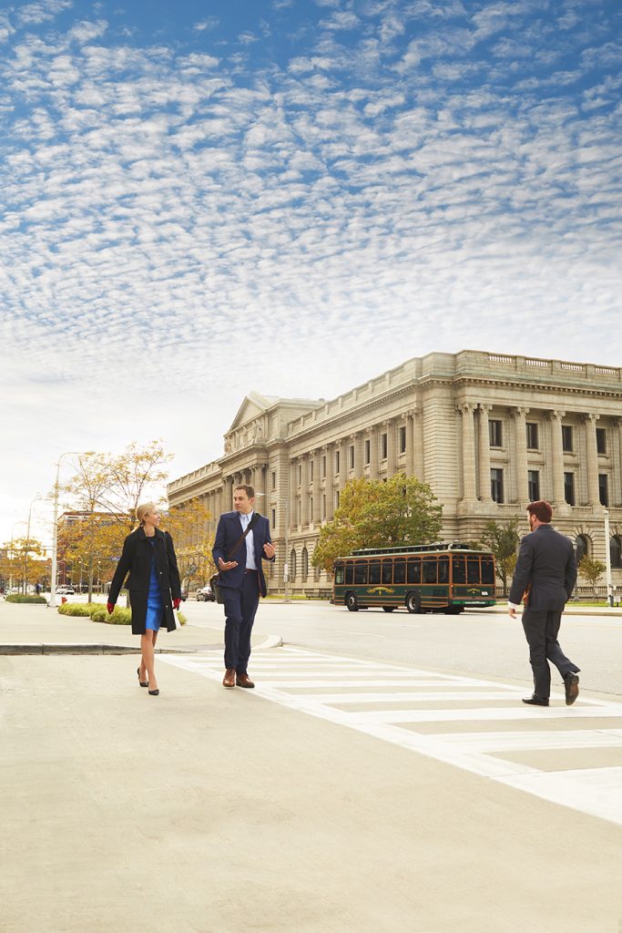 Business professionals walking in downtown Cleveland